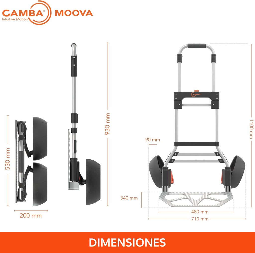 CAMBA Moova Carretilla de Mano; Carro Plegable de Aluminio; Tecnología de Ruedas para Subir Escaleras; Capacidad de Carga de 100Kg para Trabajo Pesado
