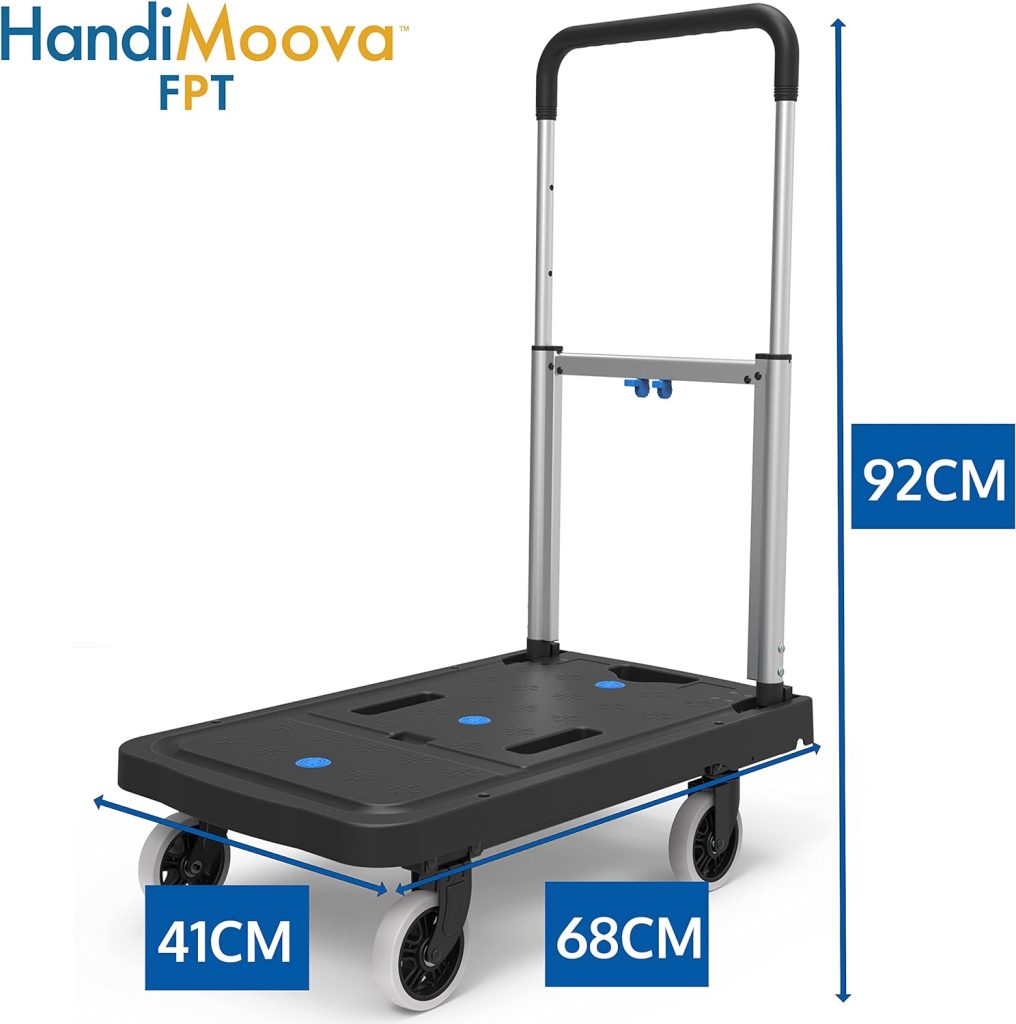 HandiMoova FPT Carretilla de Plataforma Plegable; Carretilla de Mano Compacta; Ahorro de Espacio; Asa Telescópica; Capacidad de Carga de 135Kg para Trabajos Pesados