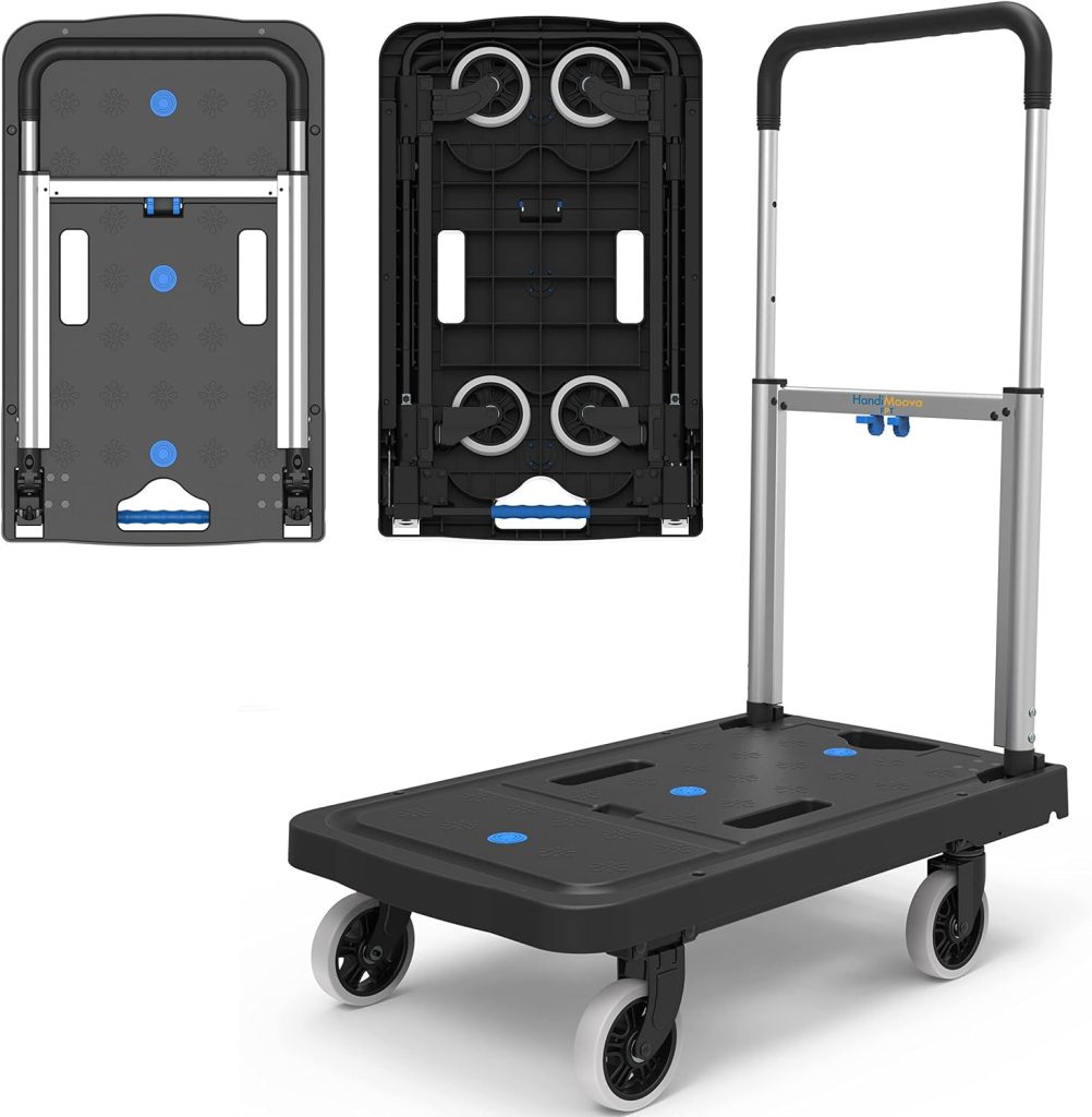 HandiMoova FPT Carretilla de Plataforma Plegable; Carretilla de Mano Compacta; Ahorro de Espacio; Asa Telescópica; Capacidad de Carga de 135Kg para Trabajos Pesados