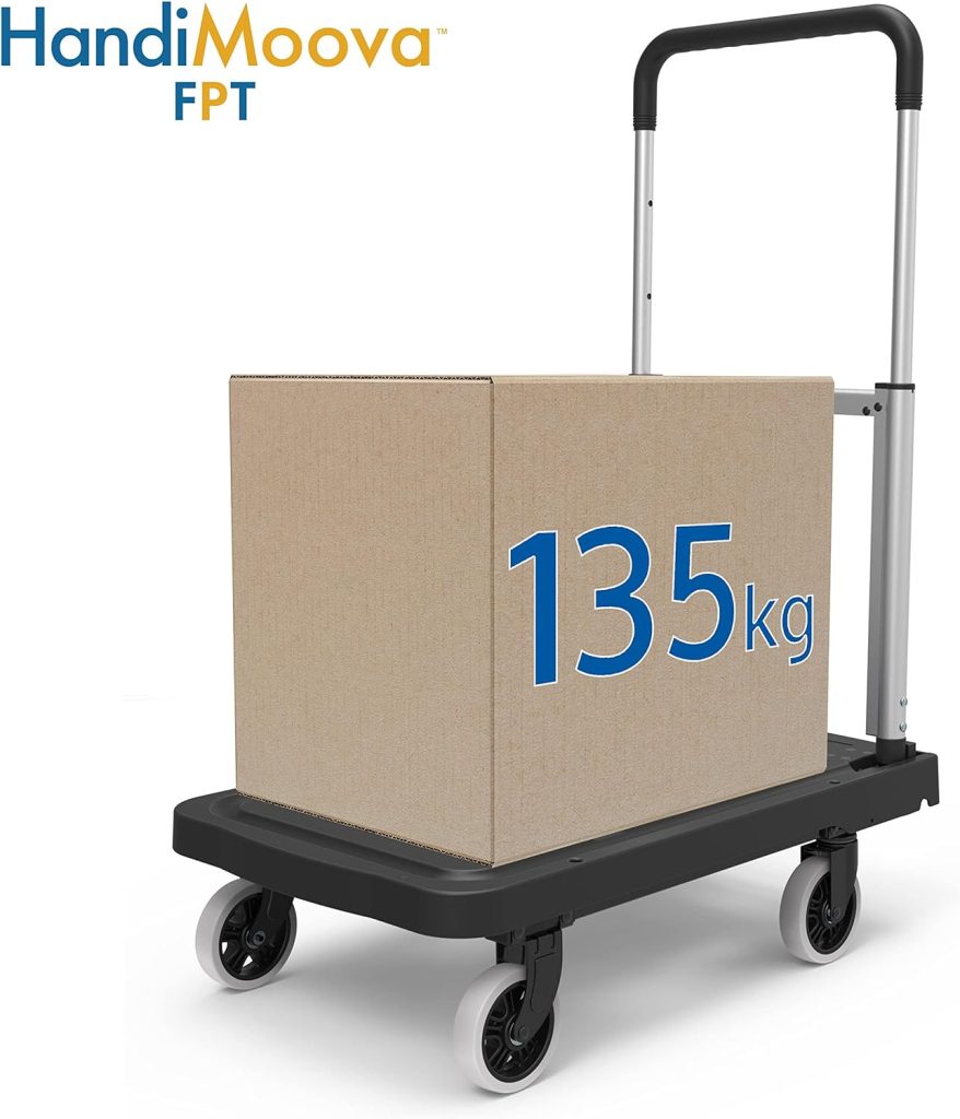 HandiMoova FPT Carretilla de Plataforma Plegable; Carretilla de Mano Compacta; Ahorro de Espacio; Asa Telescópica; Capacidad de Carga de 135Kg para Trabajos Pesados