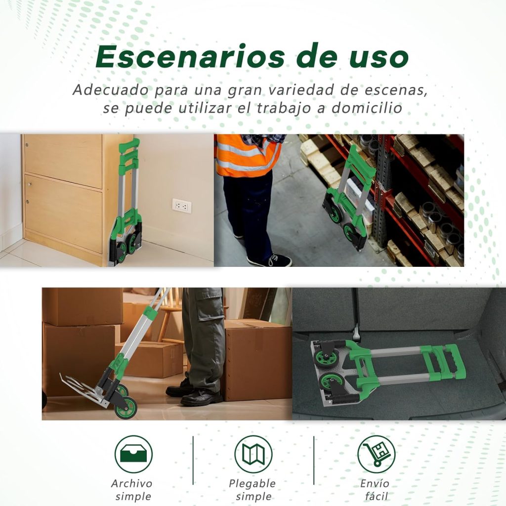 Keyoung Carretilla Plegable con Ruedas 90kg Mango Extralargo de 110 cm Carretilla de Carga Incluye 2 Cuerdas Extensoras