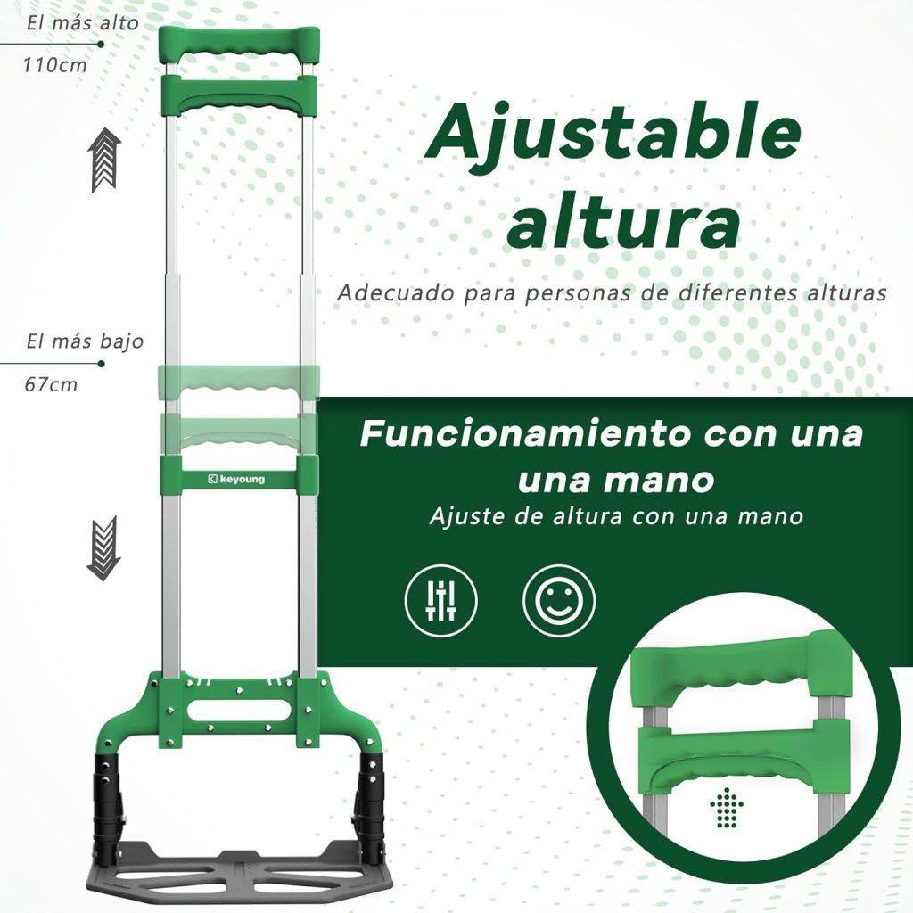 Keyoung Carretilla Plegable con Ruedas 90kg Mango Extralargo de 110 cm Carretilla de Carga Incluye 2 Cuerdas Extensoras